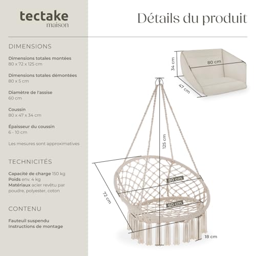 Fauteuil suspendu beige bohème avec coussin - TecTake GmbH