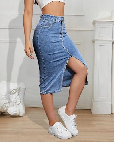 Women's Mid Length Stretch Denim Slit Skirt Comfortable Curve Enhancing for A Flattering Fit4