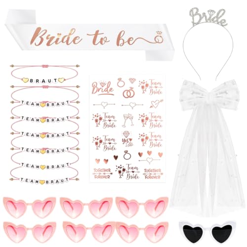 Kit Evjf Accessoire, 7 Lunettes Coeur, 7 Bracelet Evjf, 1 Echarpe Bride to be, 1 Voile Future Mariée, 1 Serre Tete Bride, 1 Tatouage Team Mariée, Déguisement pour Enterrement de vie de Jeune Fille