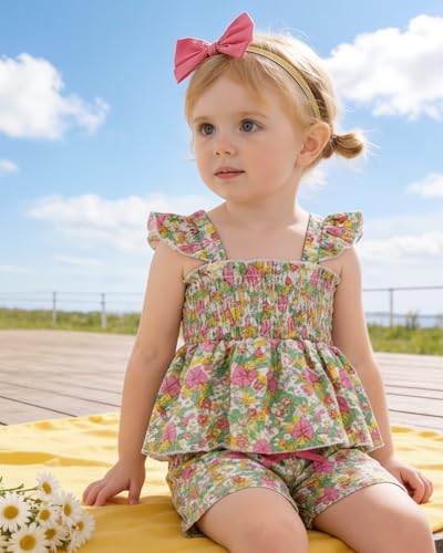 Image of Mioglrie Toddler Baby Girl Summer Clothes Infant Spring Outfits Ruffle Sleeveless Shirt Baby Shorts Headband Clothing Set