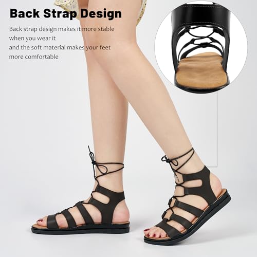 Image of HARENCE Summer Flat Sandals for Women: Comfortable Strappy Cross Lace Up Gladiator Flats Shoes Dressy Casual Non Slip Walking Sandal