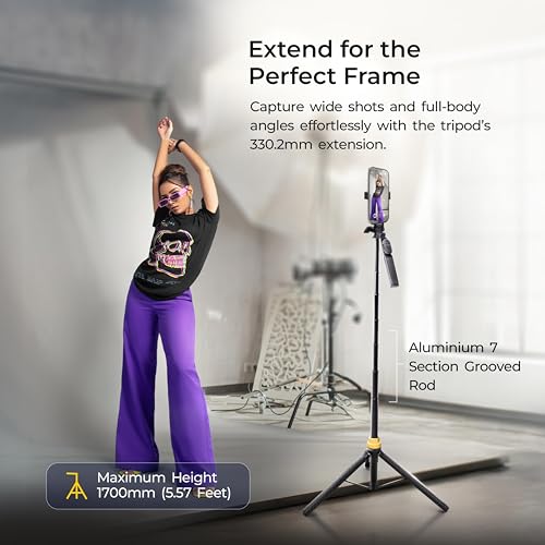 Image of DIGITEK (DTR-555 SS) 5.57ft Foldable Tripod Selfie Stick for Smartphones & Gopro Action Cameras, 360 Rotation, 3-Leg Base, 2Kg Load, 10m Wireless Remote, 7 Section Adjustable, for Selfie & Vloggers