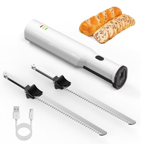 IINCOOY Cuchillo de Pan Inalámbrico Alternativo USB, con Cuchillas Dentadas de Acero Inoxidable de 8 Bloqueo de Seguridad Cuchillo Rebanador de Carne Inalámbrico for Tallar Carnes, Aves, Pan