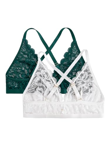 Image of MakeMeChic Women's Plus Size Lace Bralette Front Closure Bras Wireless Deep V Triangle Sexy Lace Bra