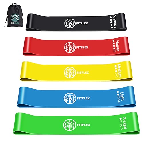 FitFlex Resistance Loop Bands Set of 5 - Natural Latex, Multi-Color, Various Resistance Levels for Strength Training, Physical Therapy, Home Workout