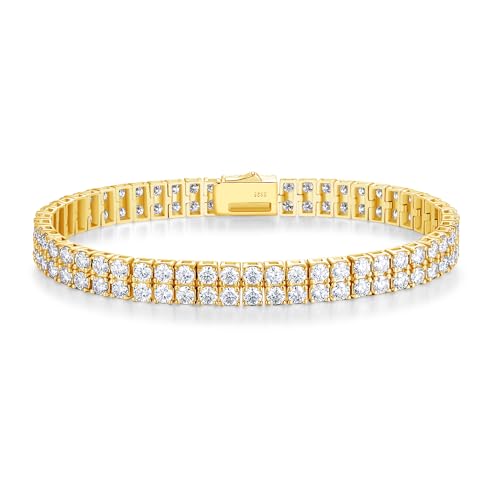 FANCIME Gold Moissanite Tennis Bracelet 11 Carats 2-Row Lab-Grown Diamond Bracelets 925 Sterling Silver Tennis Bracelet 3mm D Color VVS1 Round Cut Moissanite Bracelet for Women 7.5