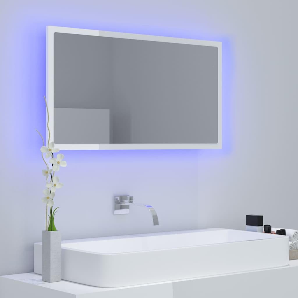 Lustro łazienkowe LED wysoki połysk białe 80 x 8,5 x 37 cm akryl, szafki i przechowywanie, szafki pod umywalkę, szafki łazienkowe