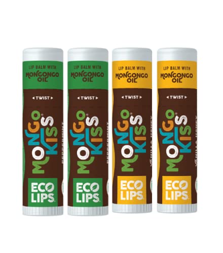 Eco Lips Mongo Kiss Organic Lip Balm 4 Pack - 100 Percent USDA Organic - Soothe, Moisturize Dry, Cracked and Chapped Lips - Made in USA (Peppermint & Vanilla Honey)