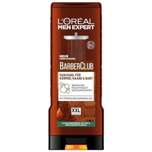 L'Oréal Men Expert XXL Duschgel und Shampoo für Männer, Duschbad zur Reinigung von Körper, Haar, Gesicht und Bart, Herren Körperpflege mit holzigem Duft und Zedernholzöl, Barber Club, 1 x 400 ml