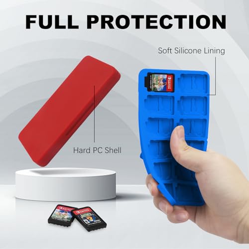 Image of FYY Nintendo Switch Game Case Holder for Switch 2 Cartridge Case with 24 Game Card Slots & 48 Micro SD Card Slots, Hard Shell, Silicone Lining Red Blue