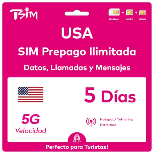Tarjeta SIM de EE. UU. 5 días. Red T-Mobile con Datos ilimitados de Alta Velocidad en 5G/4G/LTE | Llamadas Locales y Mensajes ilimitados en EE. UU. (Incluido Hawái). ¡Tarjeta SIM 5G!
