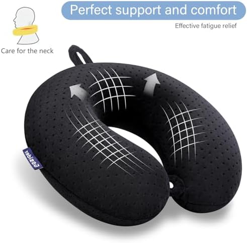 Black Travel Neck Pillow Memory Foam Airplane Pillow for Neck and Head Support Soft Portable U Shape Neck Pillow for Plane, Car & Home Office Use - 3