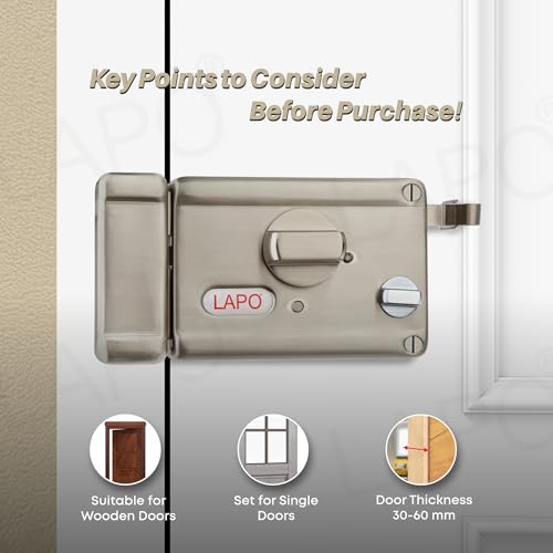 Image of LAPO Rim Lock, Compatible with Main & Safety Door, Dual Latch Max Pro, Dead Bolt Lock for Single, Sliding Doors,Heavy Duty Security Lock, 3 Keys,Matt Finish, 3 Years Warranty