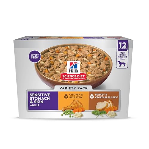 Hill's Science Diet Sensitive Stomach & Skin, Adult 1-6, Stomach & Skin Sensitivity Support, Wet Dog Food, Variety Pack: Chicken, Turkey Stew, 2.8 oz Pouch, Case of 12