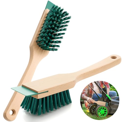 Image of CroBlissful 2 Pcs Heavy Duty Scrubbing Brush Stiff Bristle Brush with Wood Handle and Scraper for Lawn Mower Deck Scraper Cleaning Outdoor Boot Scrub Brushes