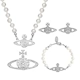 Dreuyet 4PCS Rhinestone Planet Saturn Pearl Choker Necklace Bracelet Earring Brooch Pin Jewelry Set for Women Charm Artificial Pearl Necklace Charm Lady Wedding Accessories Y2k Jewelry (Silver)