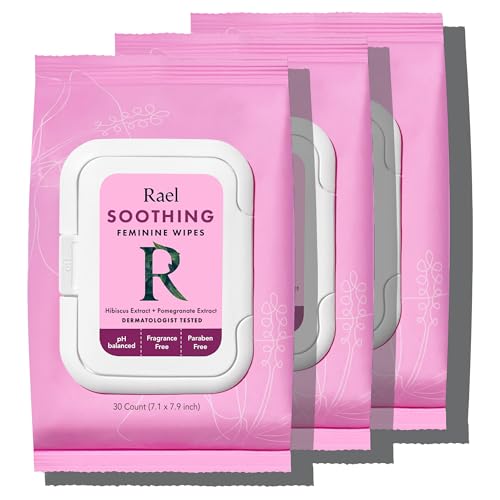 Rael Feminine Wipes Flushable Travel Size All Skin Types Daily Use (Soothing 30 Count Pack of 3)