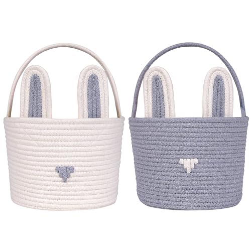 sxvblly Gray Easter Baskets with Handle,Woven Cotton Rope Basket,Empty Cute Bunny Gift Basket for fill Candies Gifts and Easter Egg Hunt (2PCS)