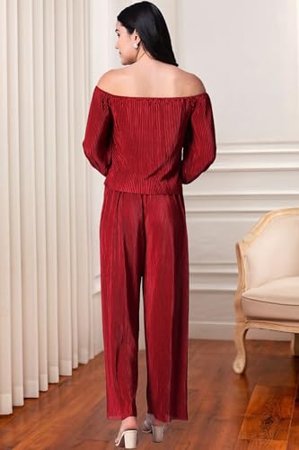 Image of POPWINGS Casual Wrinkle Full Sleeves Off-Shoulder Top and Palazzo Co-ord Set for Women || Co-Ords Set for Women Stylish Western || Top and Palazzos Set for Women|| 2 Piece Set for Women