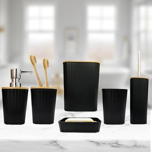 Image of iBELL 6-Piece Bathroom Accessories Set - Soap Dispenser, Toothbrush Holder, Mouthwash Cup, Toilet Brush with Holder, Dustbin and Soap Dish, Black Textured Finish IBL 06-B6