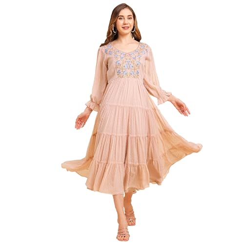 Image of RATAN Women's Floral Embroidered Puff Sleeve Chiffon Flared Tiered Kurta Gown Maxi Dress