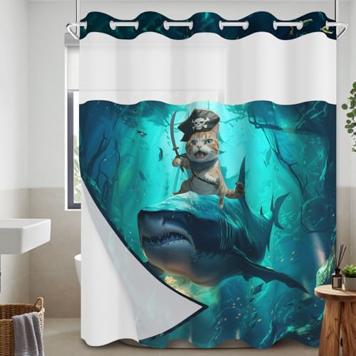 Leowefowa Funny Shark Cat No Hook Shower Curtain Summer Ocean Beach Theme No Hook Double Layer Shower Curtain with Snap in Liner Ringless with Window Waterproof Cloth Fabric 71x74inch