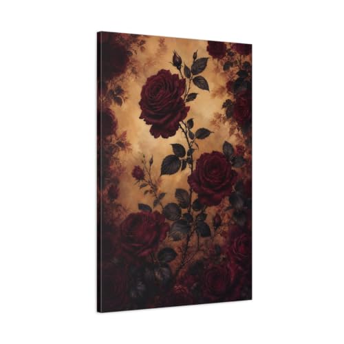 Toile roses rouges et or decoration salon vintage grand format vertical