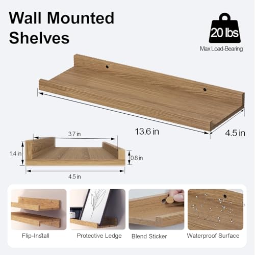 Image of Oak Floating Shelves for Wall Decor, 14 in Shelf with Lip Set of 2