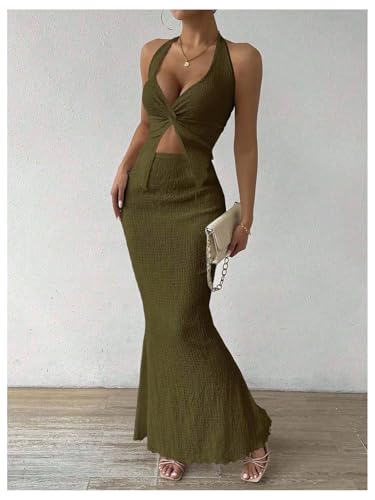 Image of SOLY HUX Women's Two Piece Outfits Twist Front Halter Cami Tops and Skirt Summer Set