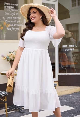 Image of Keluummi Plus Size Wedding Guest Maxi Dresses for Curvy Women, Summer Casual Boho Floral Smocked Empire Waist A Line Sundress(16 Plus, 07 - White)