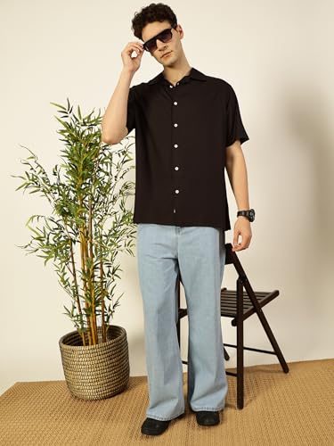Image of Thomas Scott Men Half Sleeves Camp Collar Oversize Fit Solid Casual Shirt