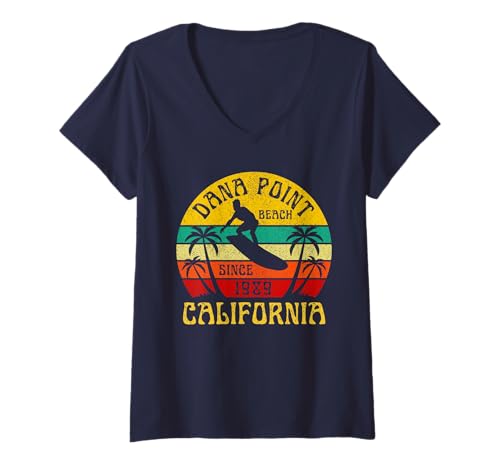 Femme Dana Point California Beach Surf Vacances d'été Vintage T-Shirt avec Col en V