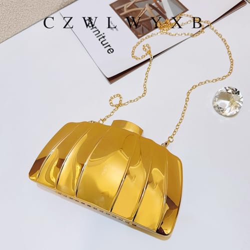 Image of Golden Metal Shell shape Clutch Evening Bag with Water Ripple Design, Solid Color with Buckle Closure, Chain Strap Messenger, Polyester Lining, Luxury Reflective Wave Pattern for Parties, Weddings