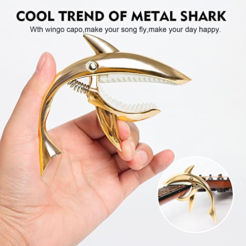 Bigdeer Guitar Capo For Acoustic And Electric Guitars - One Rosewood Plus One Alloy Shark Capo (Gold) For Both Acoustic And Electric Guitars, Great Feel, No Fret, Durable And 4 Guitar Picks #TOP3