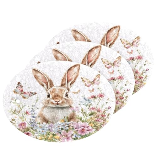 Takiito Watercolor Bunny Flowers Scrub Sponge 3 Pack, Absorbent Cleaning Sponges for Dishes Pots Pans Kitchen, Non-Scratch Scrubber