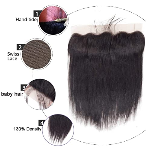Straight Bundles Human Hair Brazilian Straight Hair 100% Unprocessed Virgin Hair Weave Bundle Human Hair Extensions for Women Natural Color (13x4 frontal 12inch) - Image 4