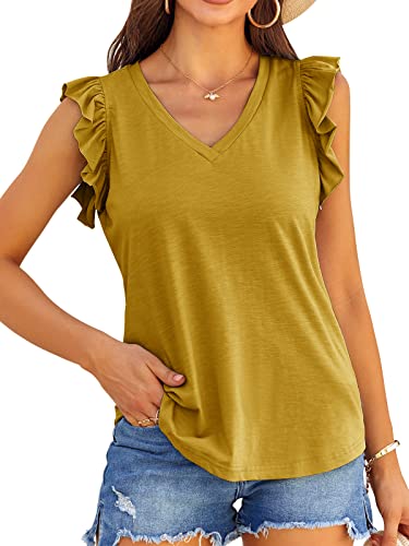 Valphsio Womens Casual V Neck Blouse Tops Frilled Ruffles Solid Sleeveless Tanks (Small, Yellow)