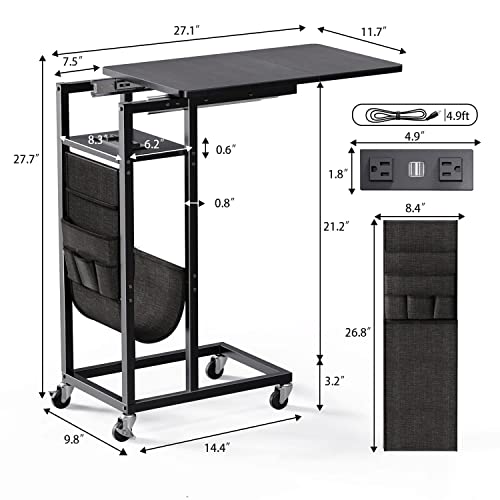 Colima C Shaped Slide Cover End Table With Charging Station, Narrow Sofa Side Table With Usb Port And Wheels, Couch Table Snack Bedside Table With Storage Bags For Office Living Room Bedroom #TOP1