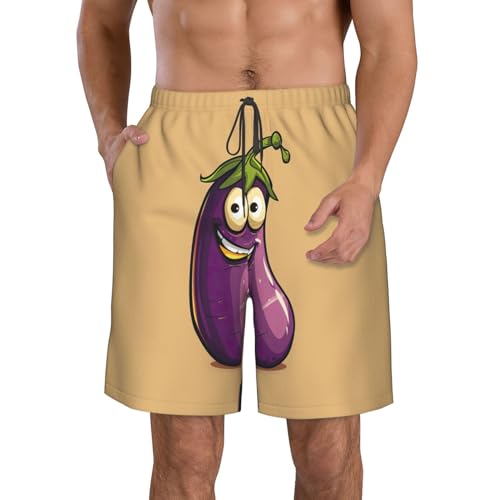 WURTON Cartoon Eggplant Print Mens Swim Trunks Compression Liner Swimming Trunks Bathing Suit Quick Dry Shorts
