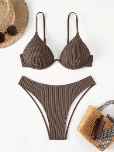 Image of Fanuerg Women Underwire Triangle Bikini Spaghetti Strap Push Up Swimsuit Cheeky Two Piece Bathing Suit