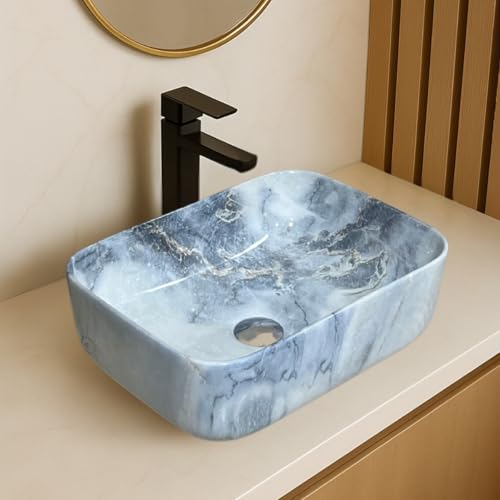 Image of Artiva Ceramic Wash Basin /Tabletop Washbasin For Bathroom,12 inchx16 inch /Small Countetop Bathroom Basin /Table Top Basin For Home,Office,Hotel /Rectangle Glossy Sink (Steel-Blue,12x16 Inch)