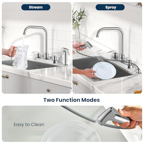 Image of 4 Hole Kitchen Faucet with Sprayer, Two-Handle Stainless Steel High Arch 8 Inch Centerset Sink Faucets with Side Sprayer for Commercial RV Laundry Utility Kitchen Faucet (Brushed Nickel)