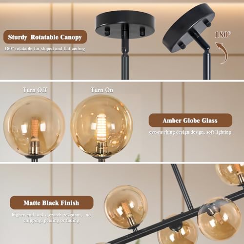Linear Chandeliers for Dining Room, 8-Light Black Sputnik Chandeliers Modern Chandelier Linear Dining Room Light Fixture Mid Century Ameber Glass Globe Chandelier for Kitchen Island Living Room 37inch by Kwpcvz - Image 7