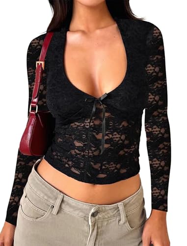 Womens Long Sleeve Going Out Tops Lace V Neck Mesh Crop Shirts Sexy Cute Y2K Fall Trendy Outfits 2025