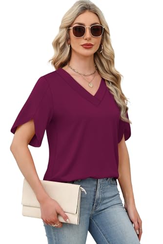 Image of WIHOLL Womens Summer Tops Short Petal Sleeve Shirts Fashion V Neck Womens Clothing