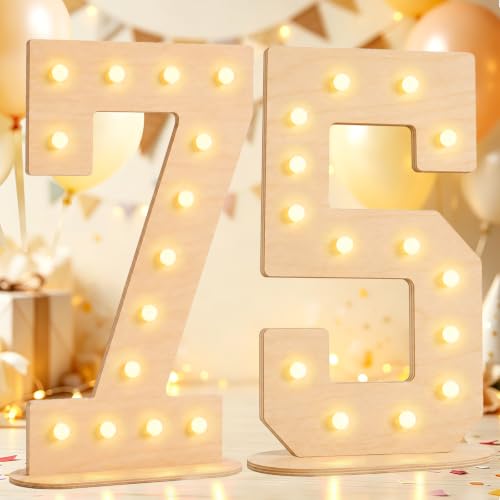 Pooqla 75th Birthday Decorations, 17.3 in Tall Wooden Light Up Numbers