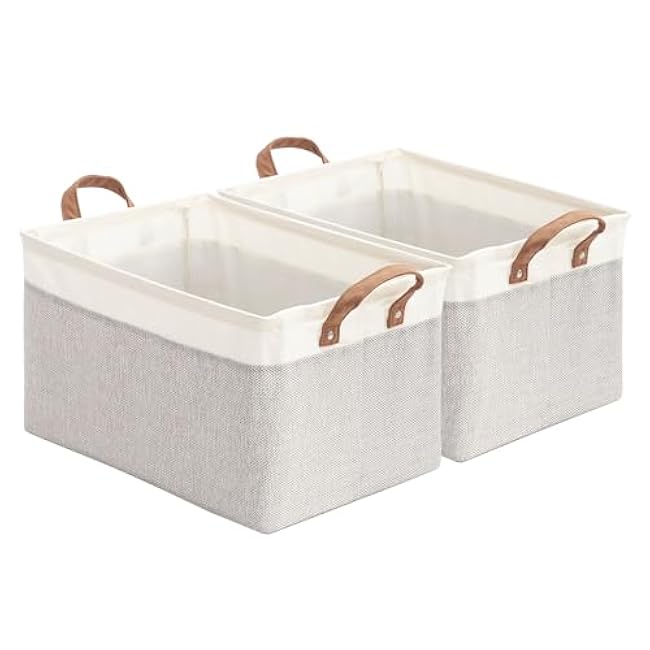 Storage Basket Bins with Metal Frame, Large Collapsible Fabric Storage Baskets for Organizing Shelf, Basket Organizer W/Handles for Toys, Towels, Laundry, Nursery, 2-Pack, White Grey