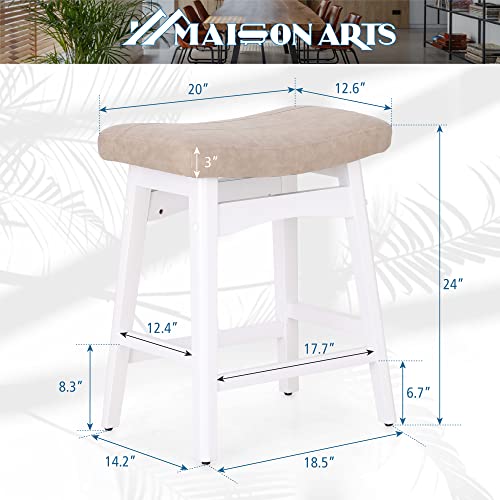 Maison Arts Beige Counter Height Bar Stools Set Of 2 For Kitchen Counter Solid Wood Legs With Faux Leather Saddle Seat Farmhouse Barstools For 34"-38" Counter Island Upholstered Stools, 24In Height #TOP1