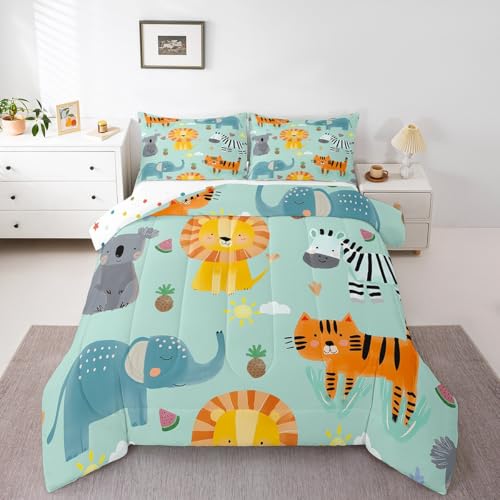 Image of Feelyou Kids Cute Zoo Animal Comforter Set Twin Size, Cartoon Lions Bedding Set Zebra Elephant Comforter for Boys Girls Kawaii Duvet Insert with 1 Pillow Case