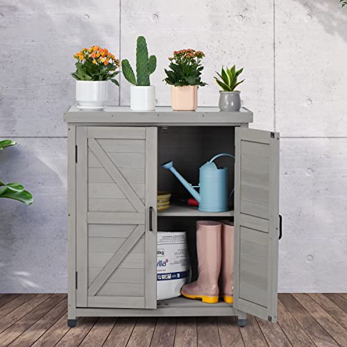 Outdoor-Potting-Bench-with-Storage-Cabinet-and-Metal-Top-Wood-Workstation-for-Outdoor-Patio-Garden-Dark-Grey-31x17x36 Outdoor Potting Bench with Storage Cabinet and Metal Top Wood Workstation for Outdoor Patio Garden Dark Grey 31x17x36
